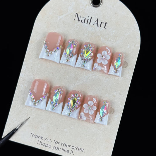 10pcs high-end Simple and elegant style, hand-painted three-dimensional patterns, dazzling square diamonds handmade fake nails