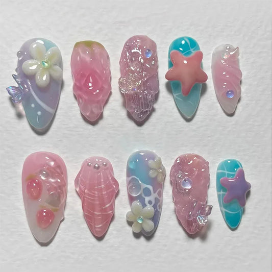 24pcs Finished False Nail Set Wearable Colorful Long Almond Full Cover Nail Tip Flower Butterfly Star Design Press on Fake Nails