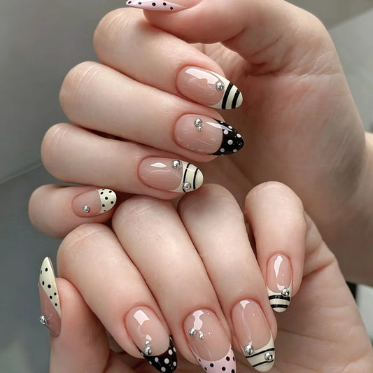 24Pcs Short Round Head Press on Fake Nails Black White Pink Polka Dot Stripe Full Cover Nails Tips French Detachable False Nails