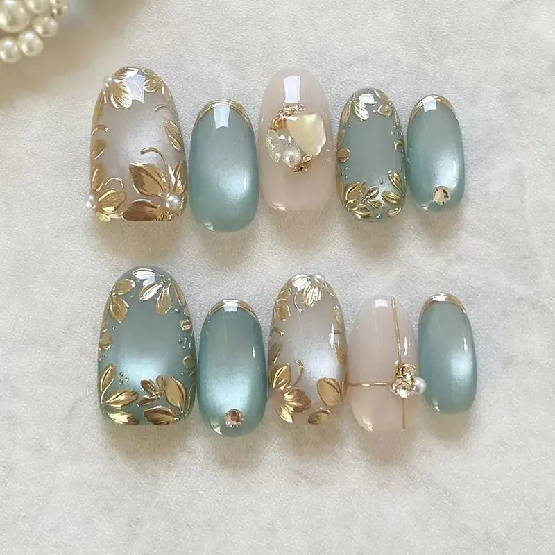 24Pcs Light Blue Smudge Fake Nails Press on Almond Gold Leaf Removable Long Full Cover Nail Tips Wearable Finished Nail Art