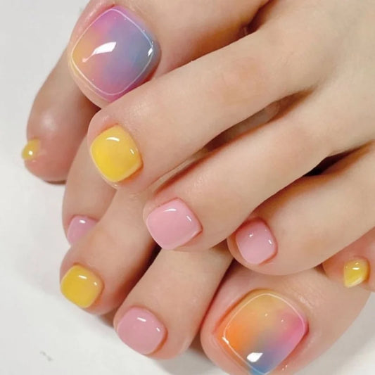 24pcs Wearable False Toenails Ins Colorful Design Short Square Full Cover Nail Tips Finished for Girl Press on Fake Nails Sets