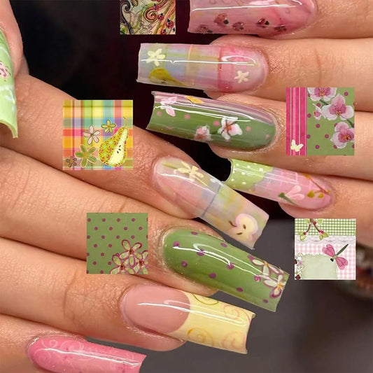 24pcs Dopamine Colorful False Nails Pastoral Style Sakua Flower Ladybug Printed Press On Nails Spring Little Fresh Fake Nail