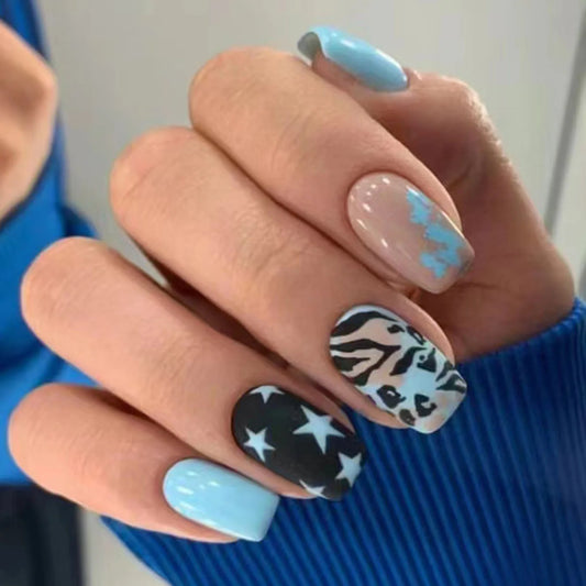 24Pcs Blue Smudge Leopard Print Star Press on Fake Nails Art Mid-length Square Head False Nails Detachable Full Cover Nails Tips