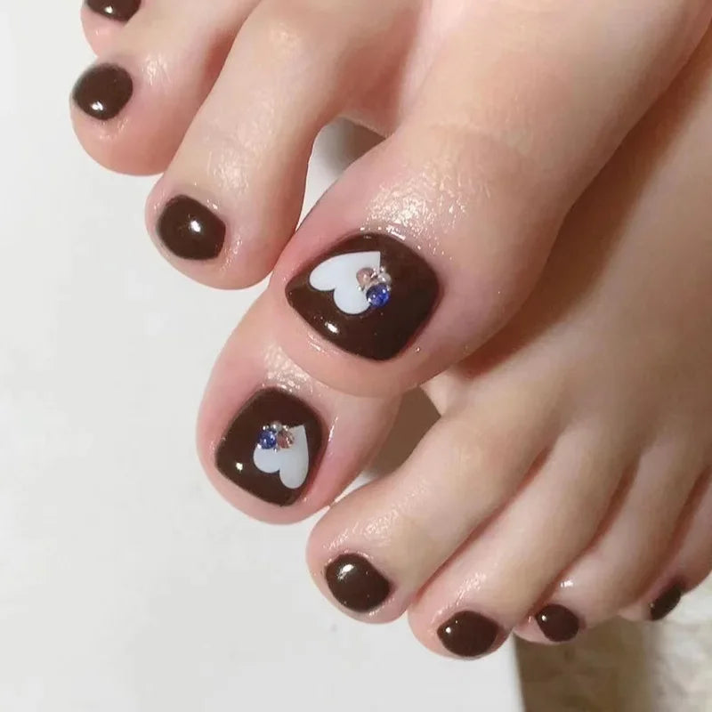 Simple White French Artificial Toenails Shiny Rhinestones Toe False Nails with Glue Wearable Short Flat Shape Fake Toenails