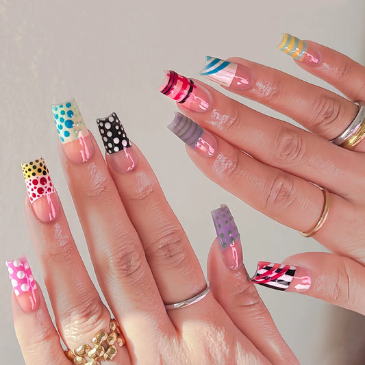 24pcs Polka Dot Stripes Pattern False Nails Summer Dopamine Colorful French Style Press On Nails Pink Square Shape Fake Nail Tip