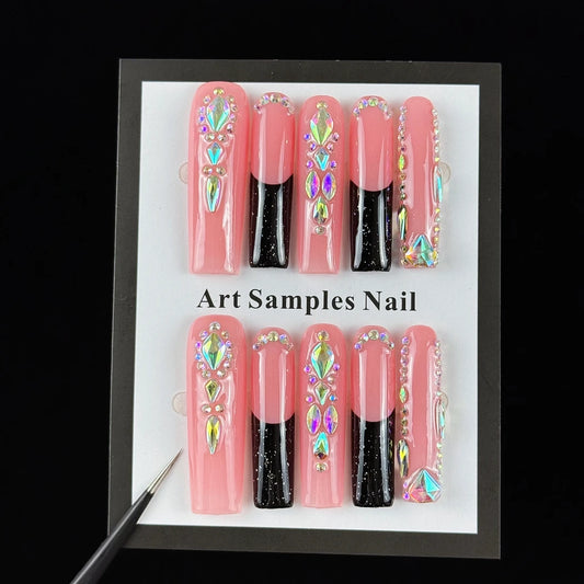 10pcs high-end Sweet girl style, hand-painted three-dimensional square diamond, fine glittering small diamond handmade fake nail