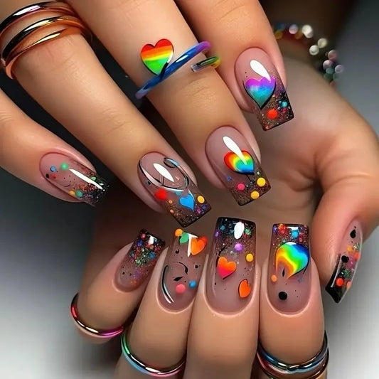 24pcs Mid-length Ballet False Nails Art Spring Summer Red Love Flower Design Press on Nails Sets Datachable Square Fake Nail Tip