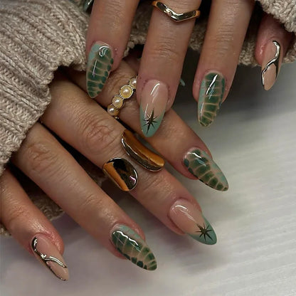 Solstice – Green Cat Eye French Short Almond Press-On Nails