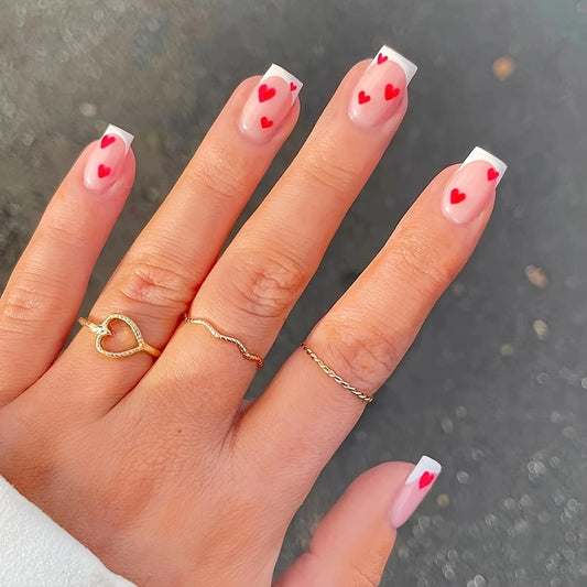 24PCS French short square Valentine's Day Holiday Nail With Red Heart Design Glossy Nail Acrylic Full Coverage Fake Nail