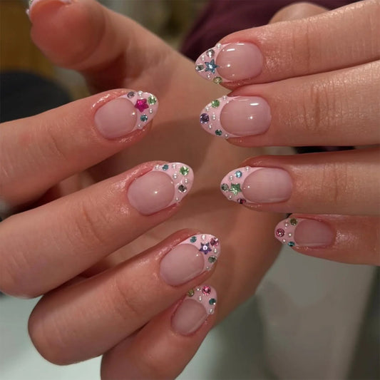 24pcs Flash Colorful Diamond Fake Nails Sweet Pink French Style Press On Nails With Star Sequins Decor Short Round False Nail