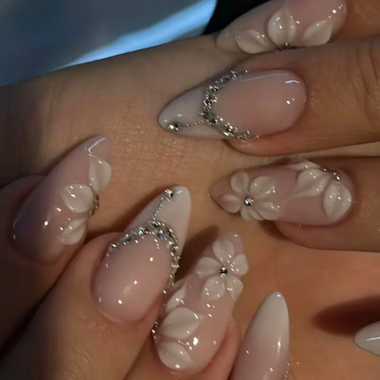 24Pcs French White Gradient Almond Press on Nails Flower Pattern False Nails with 3D Rhinestone Design Fake Nail Art Uñas 네일팁