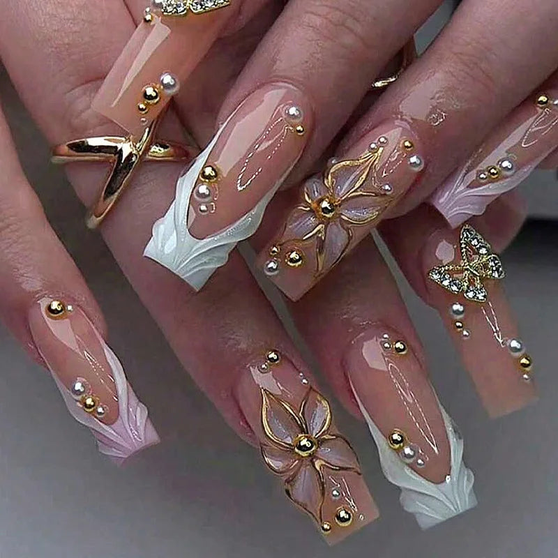 24PCS Spice Girls False Nails Sweet Cool 3D Pink Flowers with Diamonds Decoration Square Press on Nails Full Cover Wearable Tips
