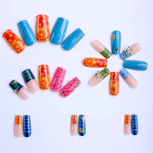 24pcs Dopamine Colorful False Nails Spotted Crocodile Pattern French Style Square Fake Nails Metal Flower Diamond Press On Nail