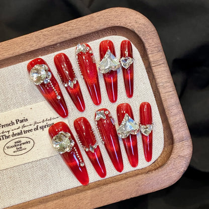 10pcs Long Ballerina Almond False Nail Tips Handmade Glossy Pink Cat's Eye Press On Nails Sweet Simple Gentle Fake Nail For Girl