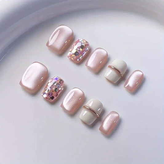 10pcs high-end Light luxury pink cat eyes handmade fake nails, Short pink nail decoration patch for women