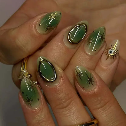 Solstice – Green Cat Eye French Short Almond Press-On Nails