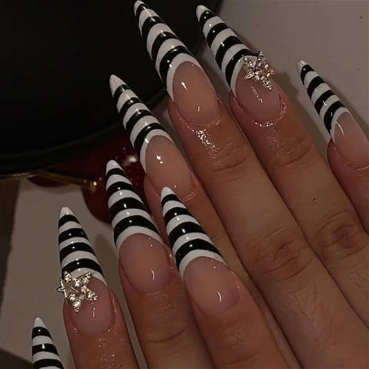 Shiny Stars Rhinestone Black White Zebra Stripes French Long Pointed Fake Nails Detachable Finished False Nails Press on Nails