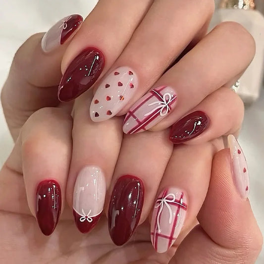 24Pcs Simple Pink Cat's Eye Press on Fake Nails Love Heart Reusable Finished Full Cover Nails Tips Mid-length Almond False Nails