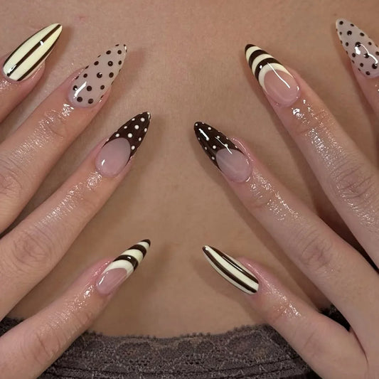 Spicy Girls Almond Fake Nails 24Pcs French Press On Nails Polka Dot/Stripe Printed Charm Manicure Full Cover Stick-on False Nail