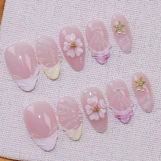 10Pcs Starfish Water Ripples Design Press on False Nails Short Oval Wearing Manicure 3D Flowers Artificial Fashion Acrylic Nails
