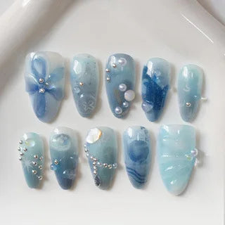 10pcs Seashell Pearls Handmade False Nails Smudging Blue Hand-painted Whale Jellyfish Fake Nails 3D Carving Flower Press On Nail
