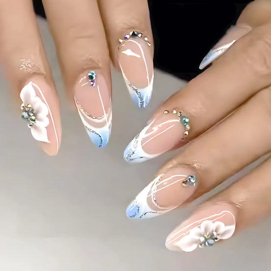 24Pcs Mid-length French Almond False Nails Purple Smudge Design Full Cover Nail Tip Gilding Pattern Wearable Press on Fake Nails