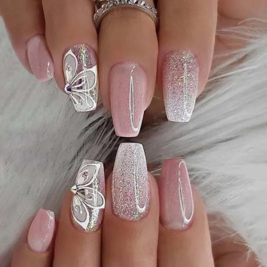 24Pcs Mid-length Ballet False Nails Press on White Edge French Shiny Powder Fake Nails Rhinestone Reusable Full Cover Nails Tips