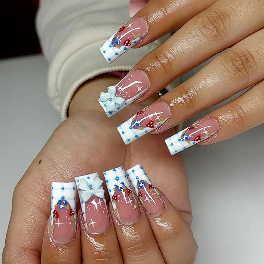 24pcs Long Coffin Fake Nail Art White French Nails Sets Press on Bow Flower Diamond Decor Nails Tips Reusable Ballet False Nail