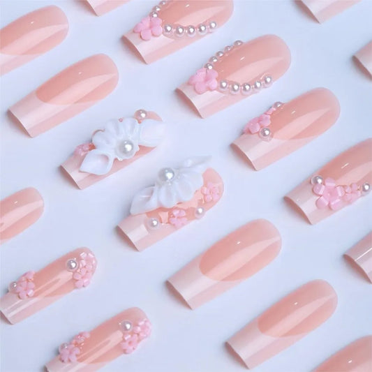 24Pcs Acrylic Flower/Pearl Rhinestones French False Nails Full Cover Medium Square Nude Press On Nails Sweet French Fake Nails &