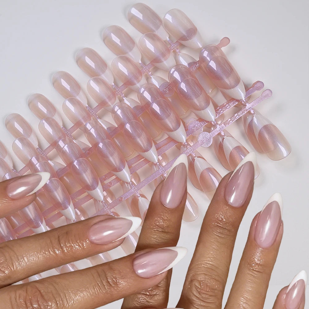 120pcs Sparkling Pearlescent Reusable Acrylic Fake Nails Chrome Plated Pink Almond False Nails Full Cover French Press-On Nails*
