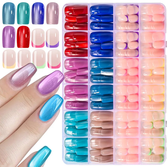 288pcs Red Blue Cat Eye Medium Coffin Press On Nails Colorful French Short Round Square False Nails Glossy Glitter Fake Nail Tip
