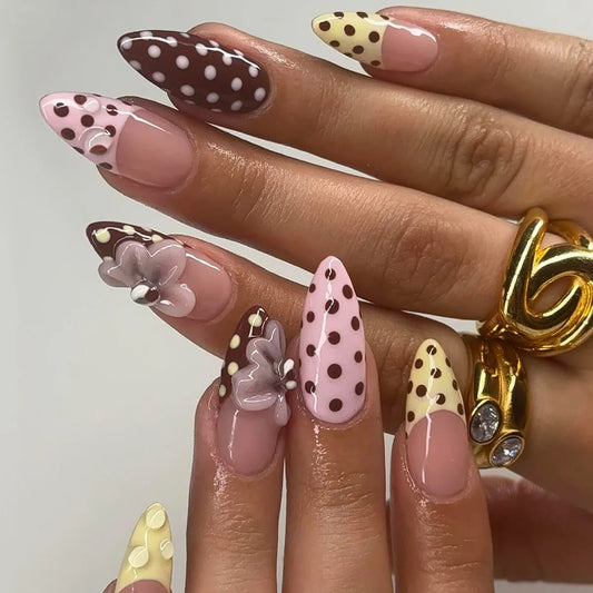 24pcs Almond Press on Nails Tips Flower Design French Pink Fake Nail Art Polka Dot Full Cover Nail Sets Rhinestone False Nail