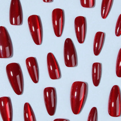 24PCS Medium Almond Fake Nails, Red Cat Eye Design, Sparkling Fake Nails, Handmade Full Coverage Acrylic Women'S Nail Art