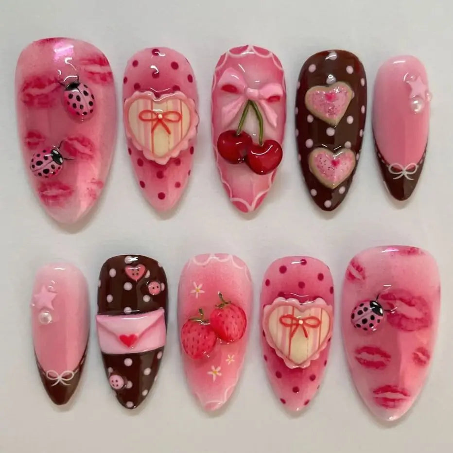 24pcs Sweet Letter Press On Nails Cute Cherry Bowknots Ladybug Strawberry Decor False Nails Blush Pink Almond Fake Nail For Girl
