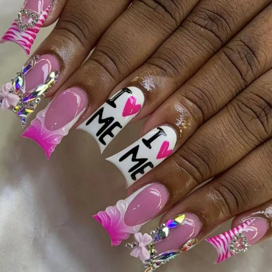 24Pcs Mid-length Duckbill Fake Nail Pink Leopard Print French Press on False Nails 3D Flower Rhinestone Detachable Manicure Tips