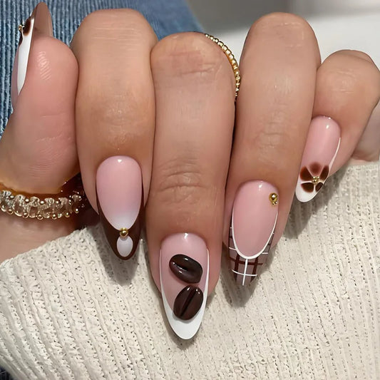 24Pcs 3D Coffee Bean Full Cover Fake Nails Tips Short Almond Detachable Nails Set Press on Brown Flower Plaid French False Nails