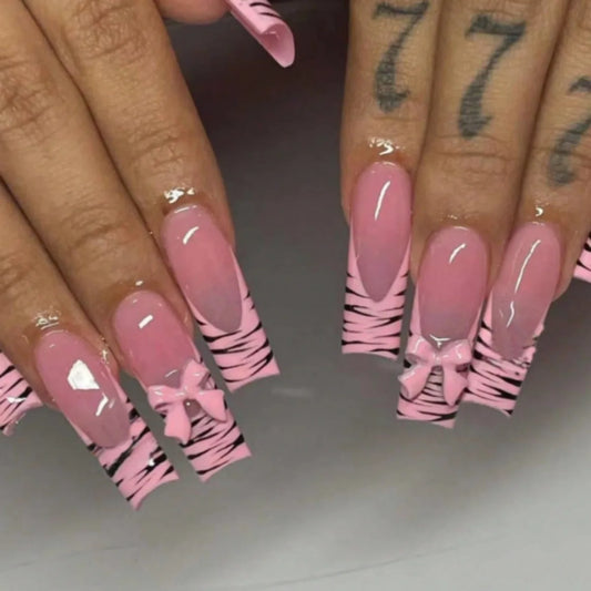 24pcs Bow Diamond Fake Nails Sets Flower Full Cover Nail Tips French Long Square False Nail Art Detachable Ballet Press on Nails