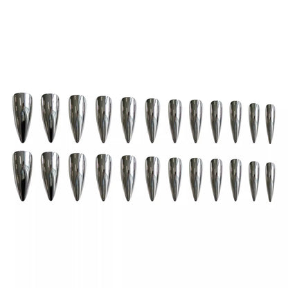 24pcs Punk Metal Fake Nails Press On Finished Long Pointed Silver Mirror y2k Nail Tips Full Cover Stiletto False Nails For Girl