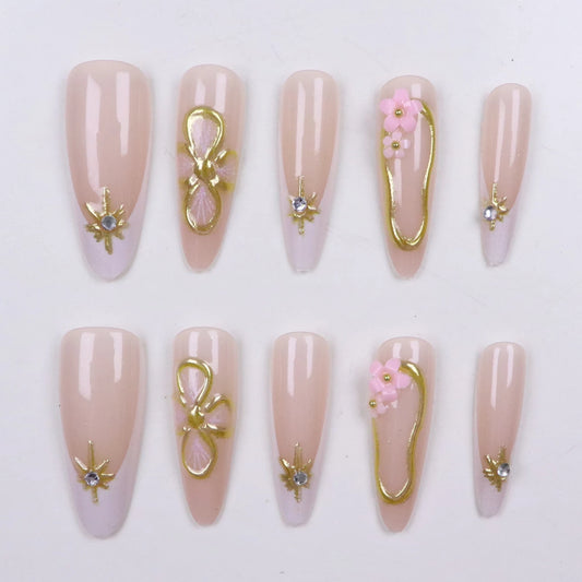 10PCS Stiletto Pink With Flowers Medium Fake Nails, Pink French Pointed Fake Nails With Gold Design, Nail Flower Stick Nails