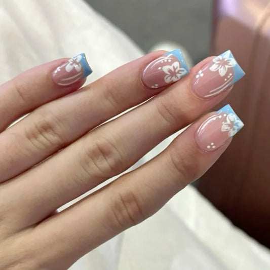 24pcs Fake Nails with Glitter Pink French Short Square False Nail Art Simple Ballet Stick on Nail for Women＆girls Press on Nails
