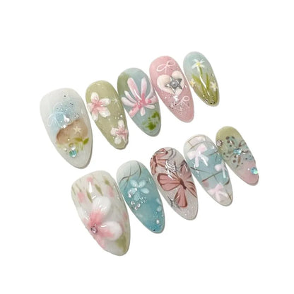 24pcs Little Fresh Butterfly Flower Press On Nail Spring Summer Gradient Pink Green Almond False Nail Ins Forest Style Fake Nail