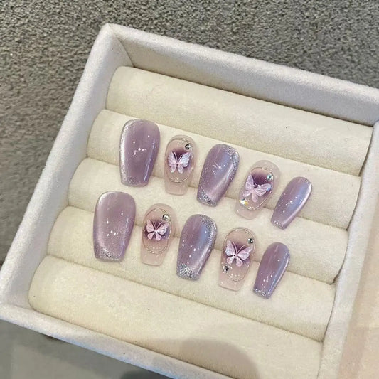 10pcs high-end Purple cat-eye butterflies handmade fake nails, Light luxury purple manicure