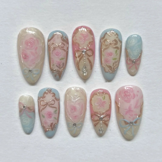 24pcs Short Almond Press on Nails Art Spring Colorful Fake Nails Tips Finished Datachable Flower Butterfly Design False Nail Set