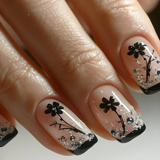 24Pcs Short Square Sweet Cool False Nails Black Flower Wearable French Nails Press on Detachable Autumn Winter Acrylic Nail Tips