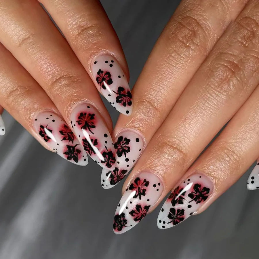 White Long Coffin Fake Nails Spicy Girls Charm Manicure 24Pcs Women Ballerina Press On Nails Black Flower Printed Nails Art