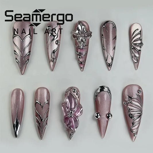 24PCS Light Luxury Burgundy Flower 3D Press on Acrylic Nails Stiletto European American Cool Fake Nails Golden Lines False Nails