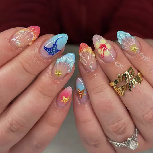 24Pcs Flower Smudge French False Nails Almond Detachable Full Cover Nails Tips 3D Starfish Devil Fish Pearl Press on Fake Nails