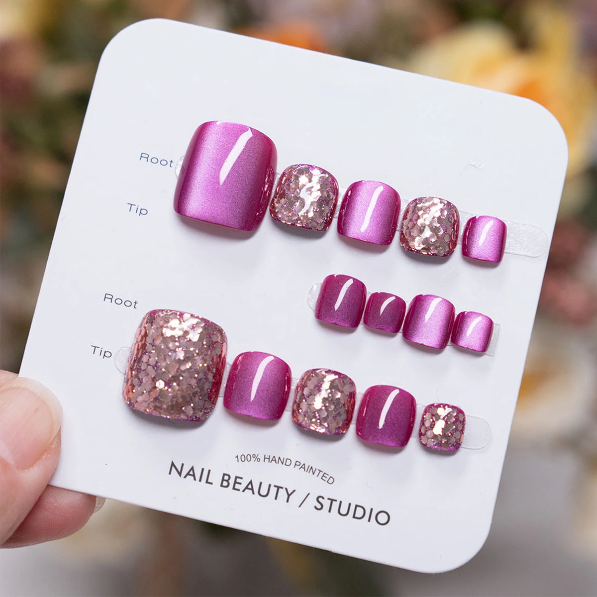 14pcs Glossy Fake Toenails With Sequins Pitaya Color Cat Eye Foot Fake Nails Wearable Glitter Short Square False Toe Nails