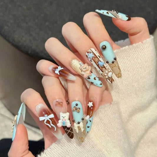 10PCS Kawaii Mint Bear Press On Nails Ballet French Style Long Almond Handmade False Nails With Bowknot Cat Claw Decor Fake Nail