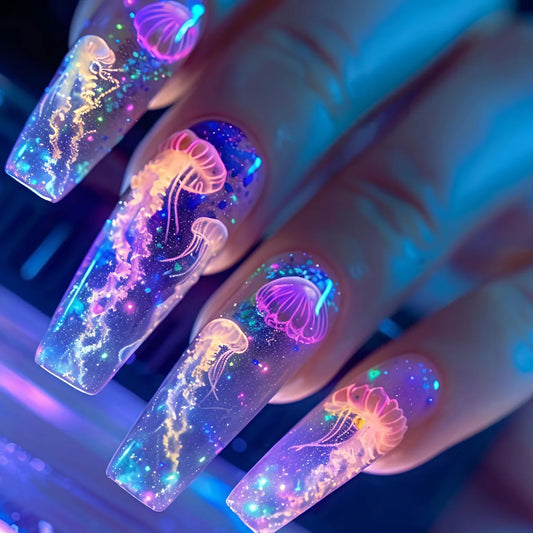 24pcs/set Medium long fake nails for women girls fashion ocean jellyfish turtle cute animals design press on false nail art tips